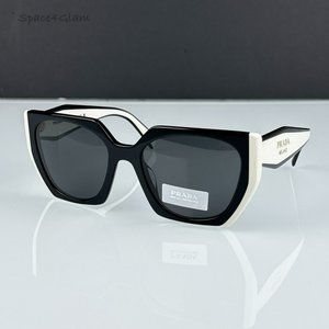 Prada PR15WS 09Q5S0 Sunglasses Black White Dark Gray Cat Eye Women